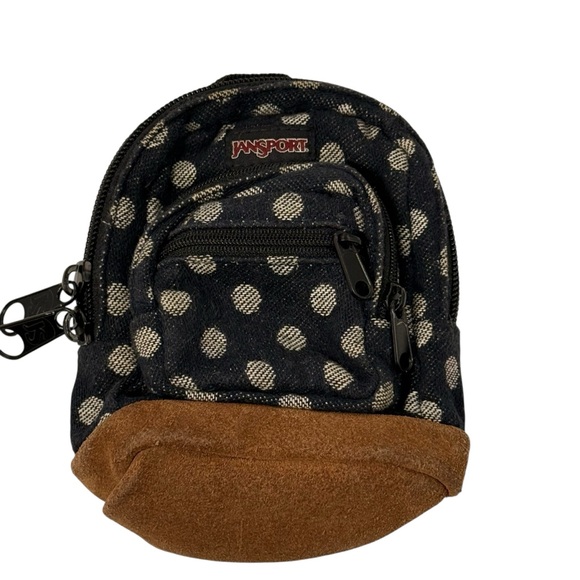 Jansport Mini little break Navy Dot Brown Suede Backpack bag charm Wristlet - Picture 1 of 3